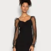 Even&Odd Long Puff Sleeves Rushing Bodycon Dress - Cocktail Dress / Party Dress - Black